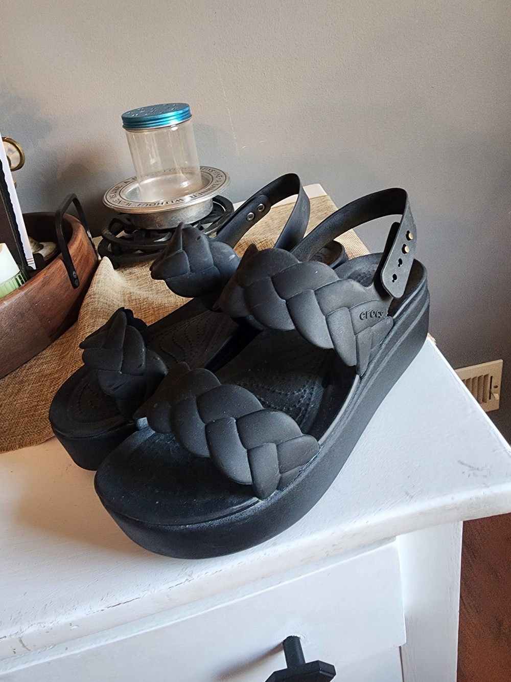 Black Braided Platform Sandals - Crocs Size 9